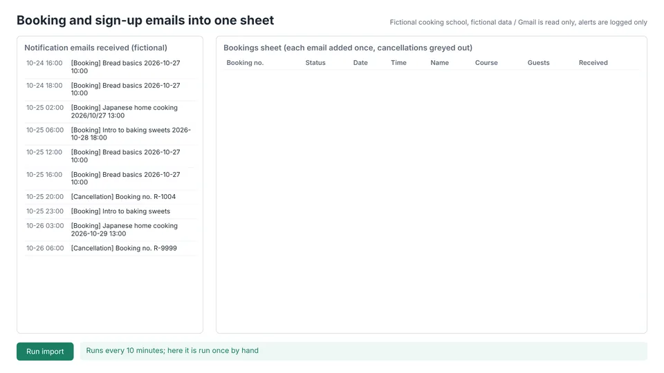 Recreated demo screen: notification emails received and an empty bookings sheet