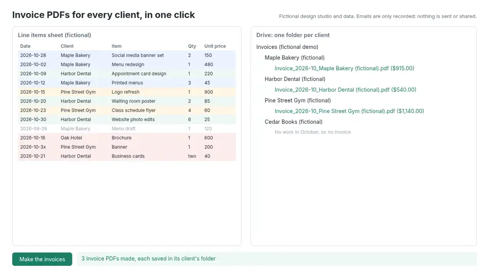 Invoice PDFs made per client (recreated demo screen)