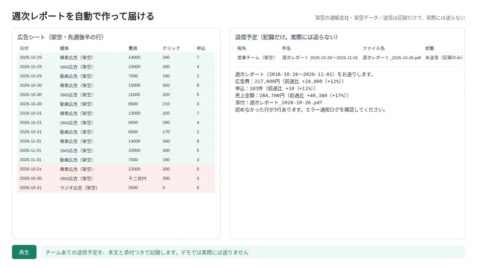 週次レポートを自動で作った画面（再現画面）