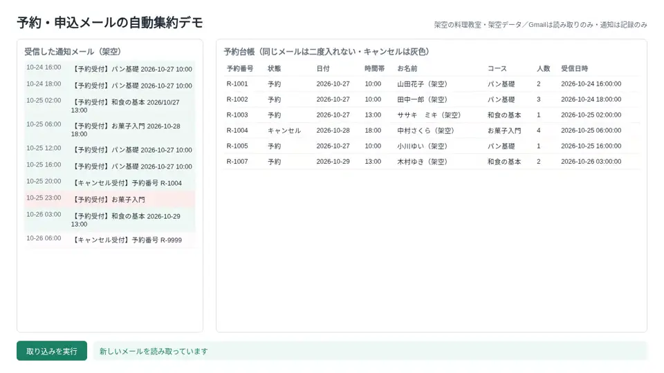 申込メールが台帳に1行ずつまとまった画面（再現画面）